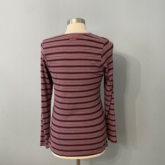 Hard Tail Shirt Top Purple Stripes V Neck Button Front Long Sleeves - Picture 5 of 7